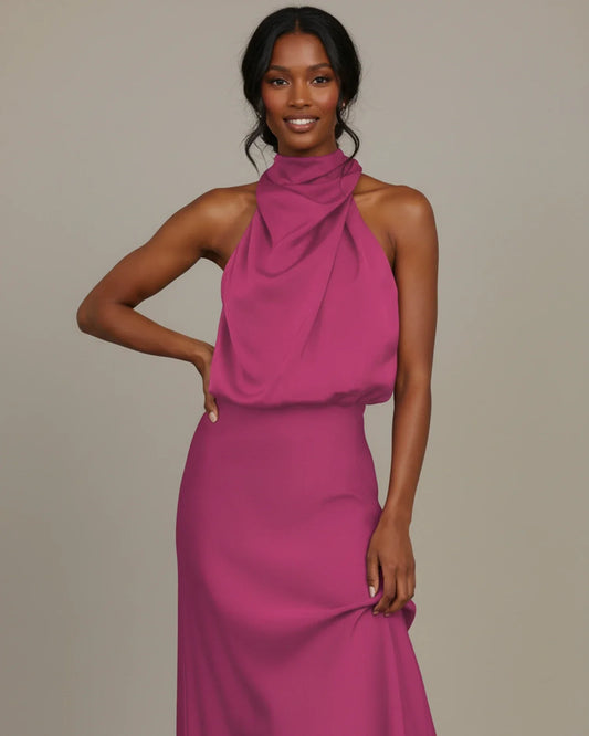 Alba Muse Halter Cowl Neck Slip Midi Dress Wedding Guest