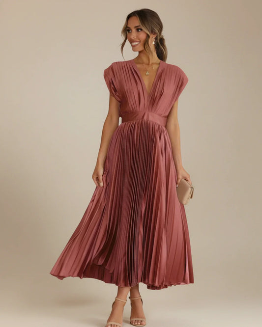 Alba Muse Pleated Fit and Flare Midi Dress V-Neck Sleeveless