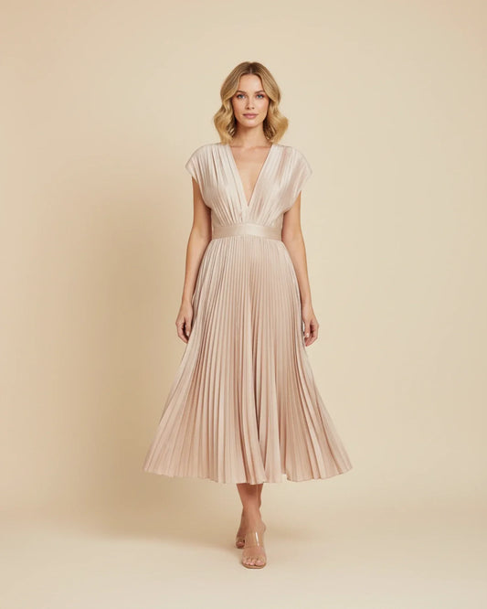 Alba Muse Pleated Fit and Flare Midi Dress V-Neck Sleeveless