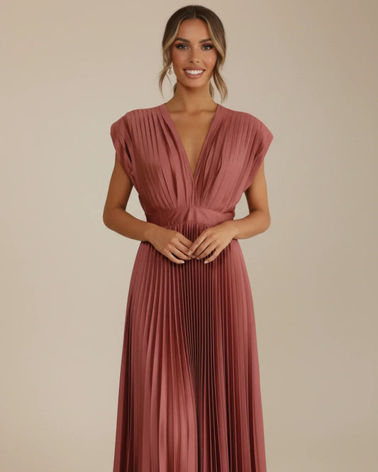 Alba Muse Pleated Fit and Flare Midi Dress V-Neck Sleeveless