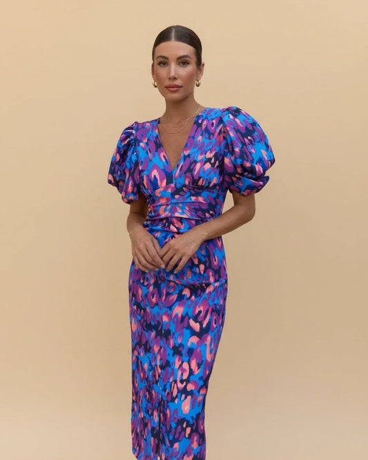 Alba Muse Puff Sleeve V-Neck Animal Print Midi Dress