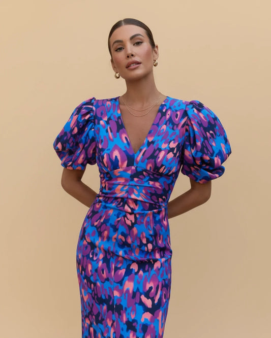 Alba Muse Puff Sleeve V-Neck Animal Print Midi Dress