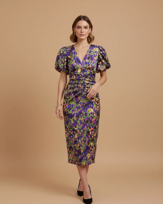 Alba Muse Puff Sleeve V-Neck Animal Print Midi Dress