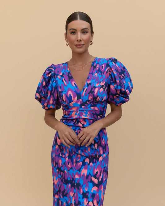 Alba Muse Puff Sleeve V-Neck Animal Print Midi Dress