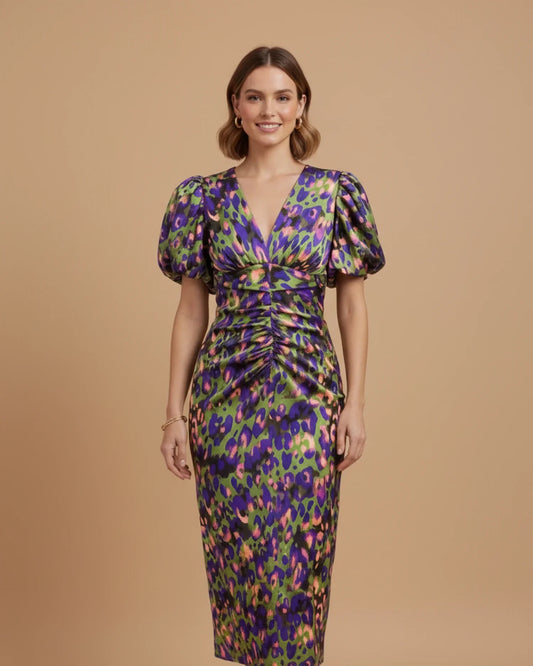 Alba Muse Puff Sleeve V-Neck Animal Print Midi Dress