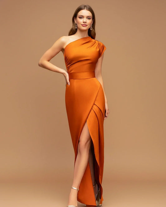 Alba Muse One-Shoulder Slit Wrap Maxi Dress