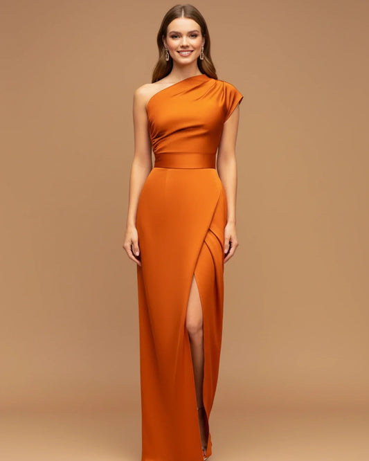 Alba Muse One-Shoulder Slit Wrap Maxi Dress