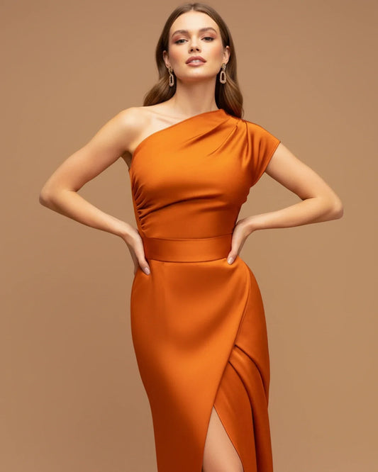 Alba Muse One-Shoulder Slit Wrap Maxi Dress