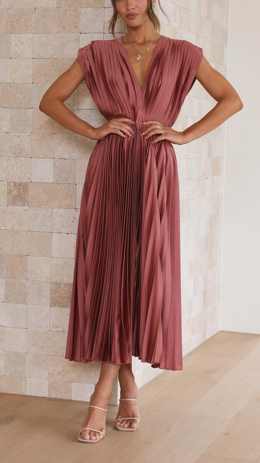 Alba Muse Pleated V-Neck Midi Wedding Guest Dress