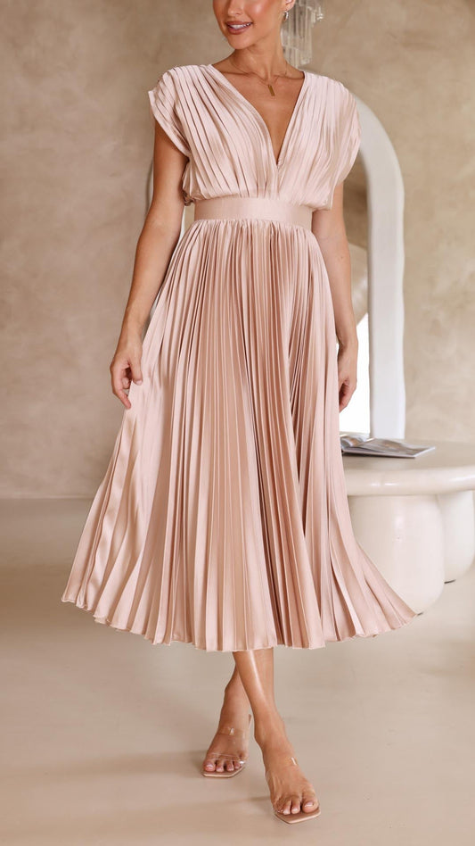 Alba Muse Pleated V-Neck Midi Wedding Guest Dress