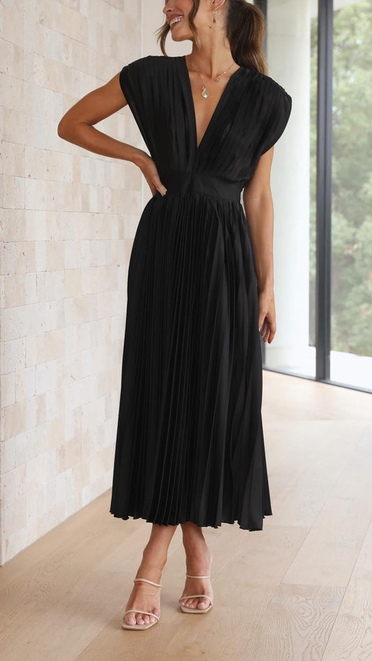Alba Muse Pleated V-Neck Midi Wedding Guest Dress