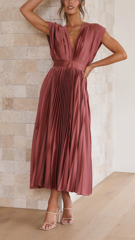 Alba Muse Pleated V-Neck Midi Wedding Guest Dress