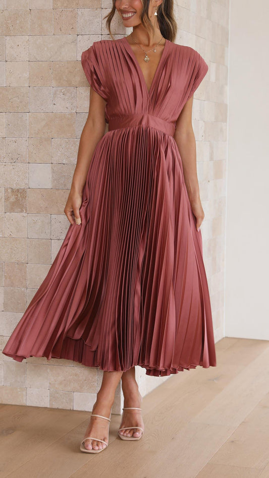 Alba Muse Pleated V-Neck Midi Wedding Guest Dress
