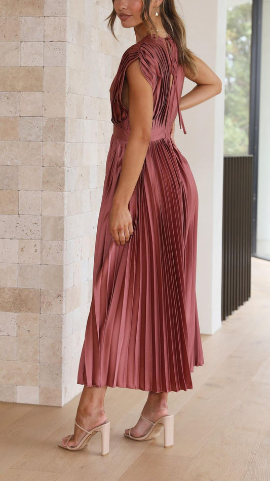 Alba Muse Pleated V-Neck Midi Wedding Guest Dress
