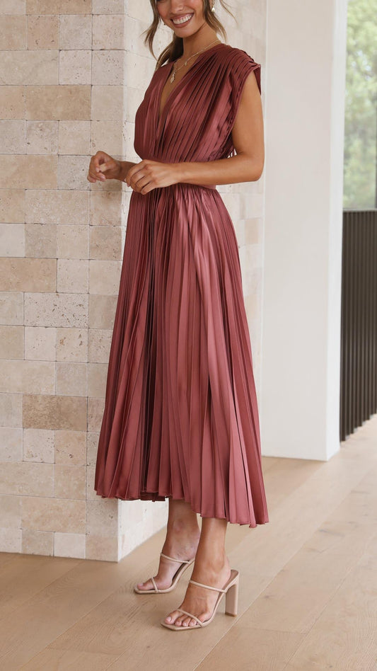 Alba Muse Pleated V-Neck Midi Wedding Guest Dress