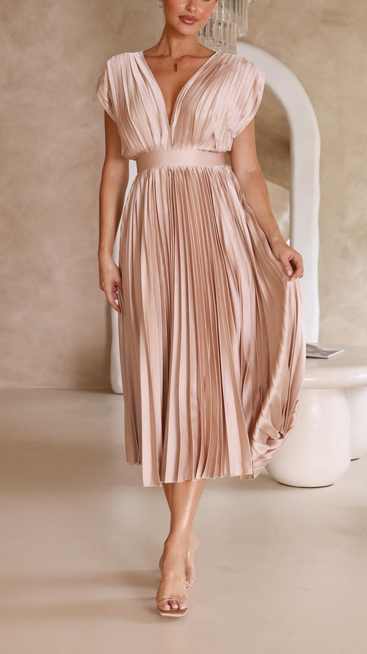 Alba Muse Pleated V-Neck Midi Wedding Guest Dress