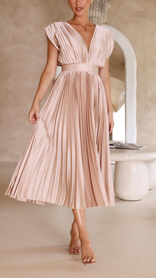 Alba Muse Pleated V-Neck Midi Wedding Guest Dress