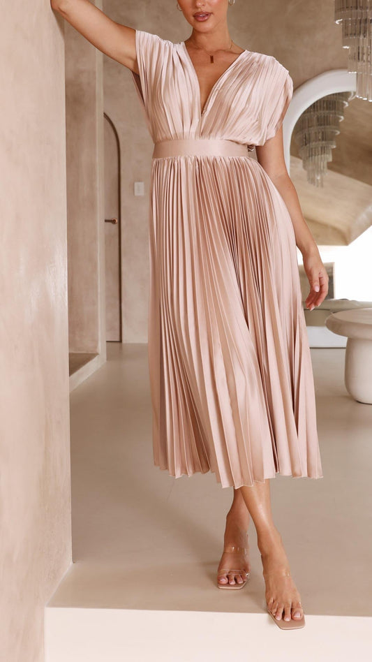 Alba Muse Pleated V-Neck Midi Wedding Guest Dress