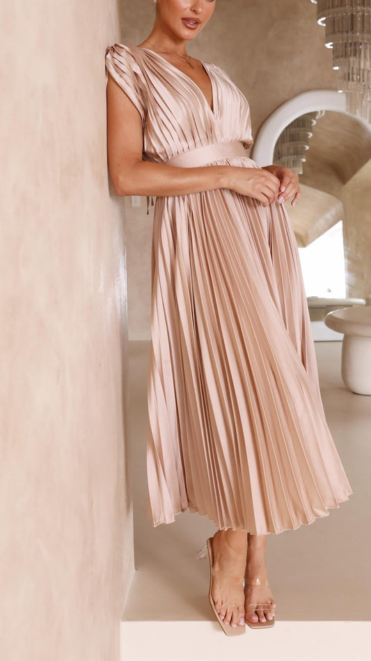 Alba Muse Pleated V-Neck Midi Wedding Guest Dress