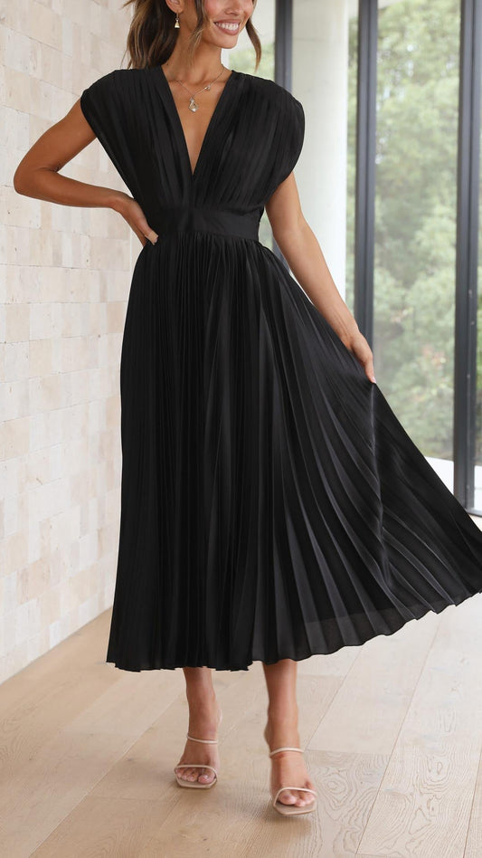 Alba Muse Pleated V-Neck Midi Wedding Guest Dress