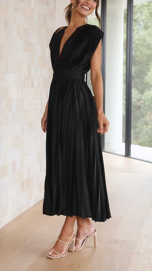 Alba Muse Pleated V-Neck Midi Wedding Guest Dress