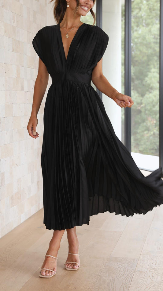 Alba Muse Pleated V-Neck Midi Wedding Guest Dress