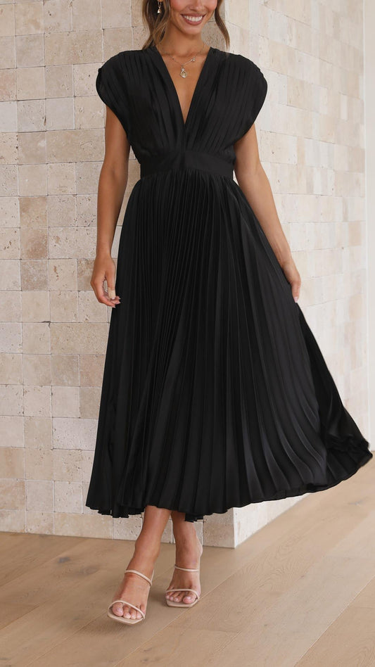 Alba Muse Pleated V-Neck Midi Wedding Guest Dress